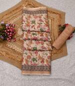 beige pink shimmer handloom cotton blend saree with floral print
