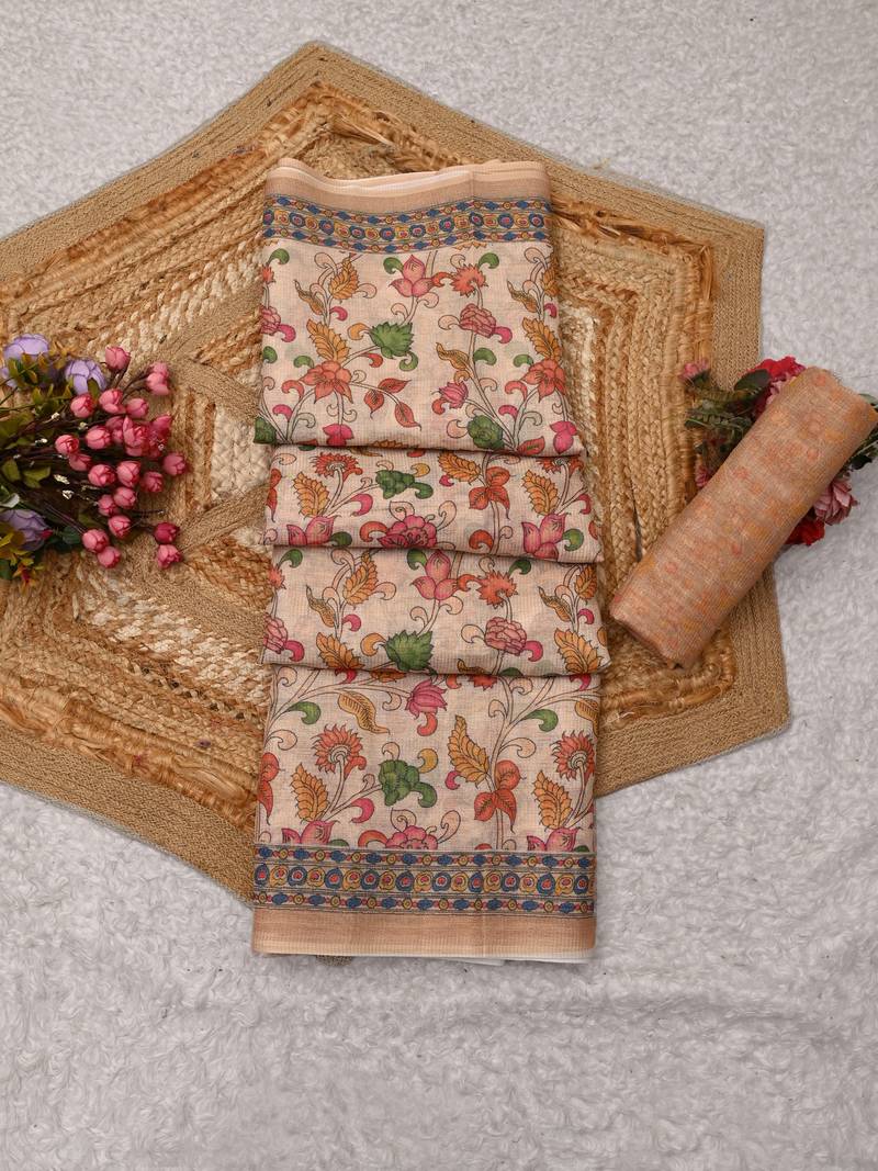 beige pink shimmer handloom cotton blend saree with floral print (t sfshmr40)