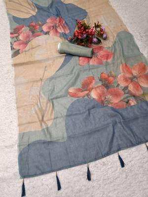 beige blue shimmer handloom cotton blend digital print saree 3
