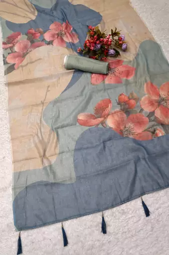 beige blue shimmer handloom cotton blend digital print saree
