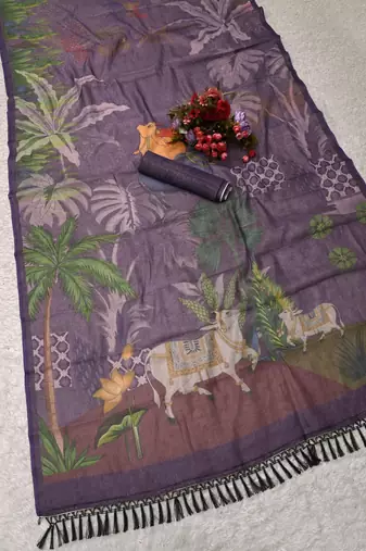 purple shimmer handloom cotton blend digital print saree