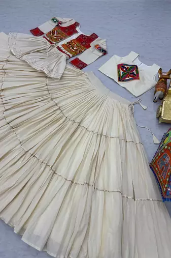 Cream Cotton Mirror & Gamthi Work Lehenga Choli Set
