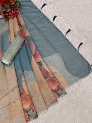 beige blue shimmer handloom cotton blend digital print saree 4