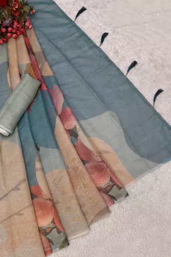 beige blue shimmer handloom cotton blend digital print saree