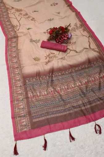 cream shimmer handloom cotton blend digital print saree