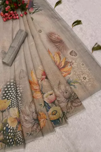 grey shimmer handloom cotton blend digital print saree