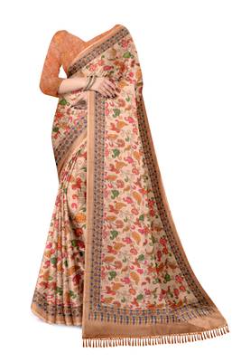 beige pink shimmer handloom cotton blend saree with floral print 2