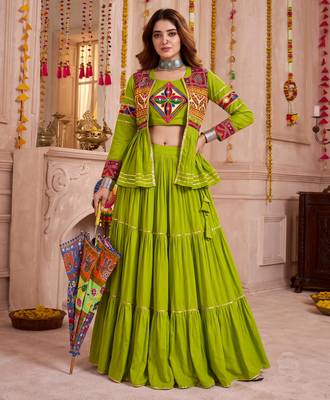 Green Cotton Mirror & Gamthi Work Lehenga Choli Set 1
