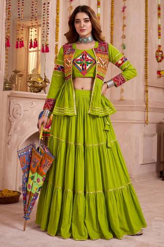 Green Cotton Mirror & Gamthi Work Lehenga Choli Set