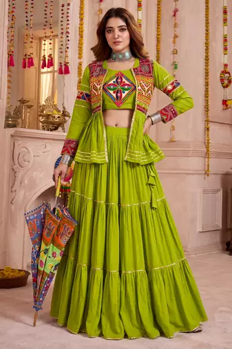 Green Cotton Mirror & Gamthi Work Lehenga Choli Set