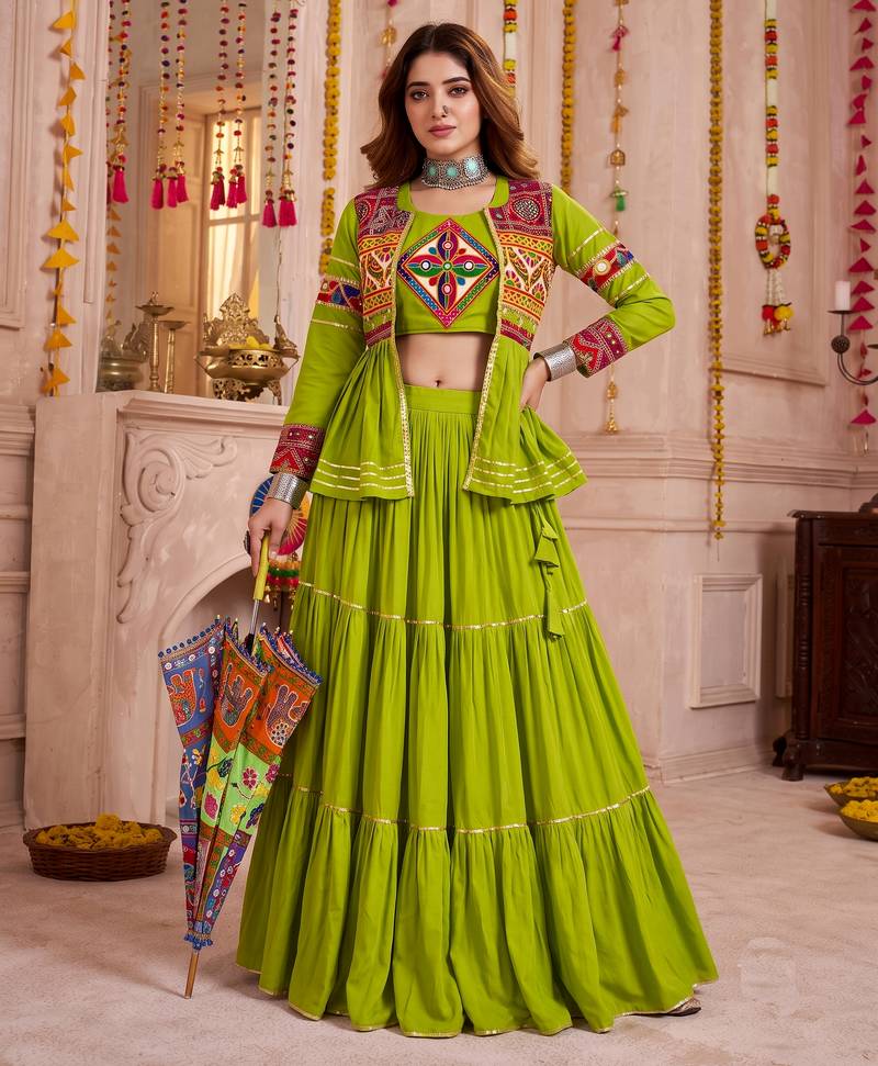Green Cotton Mirror & Gamthi Work Lehenga Choli Set