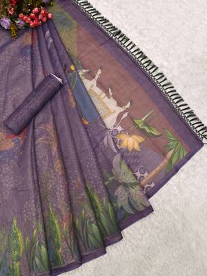 purple shimmer handloom cotton blend digital print saree 4