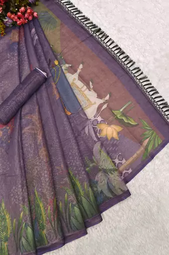 purple shimmer handloom cotton blend digital print saree