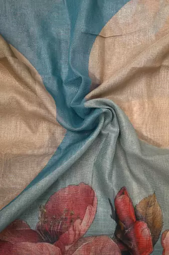 beige blue shimmer handloom cotton blend digital print saree