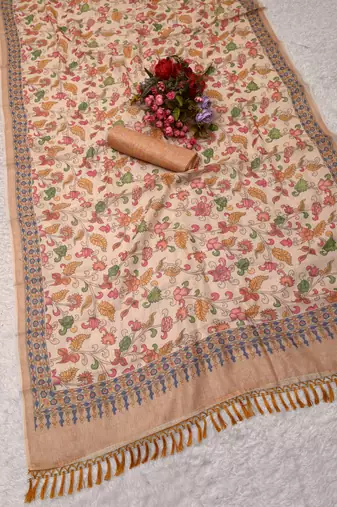 beige pink shimmer handloom cotton blend saree with floral print
