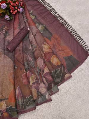 mauve purple shimmer handloom cotton blend saree floral print 4