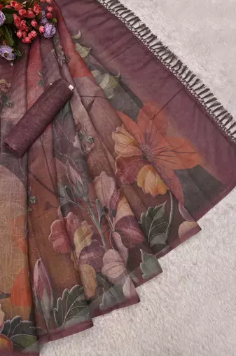 mauve purple shimmer handloom cotton blend saree floral print