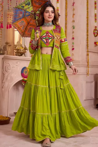 Green Cotton Mirror & Gamthi Work Lehenga Choli Set
