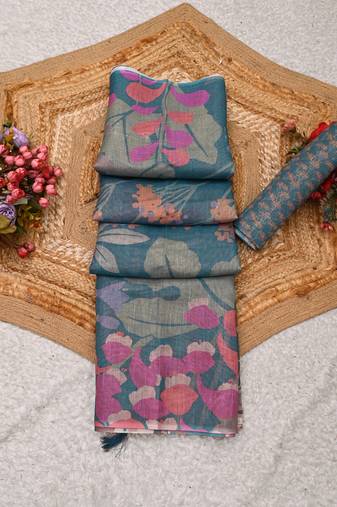 teal shimmer handloom cotton blend saree floral print
