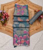 teal shimmer handloom cotton blend saree floral print