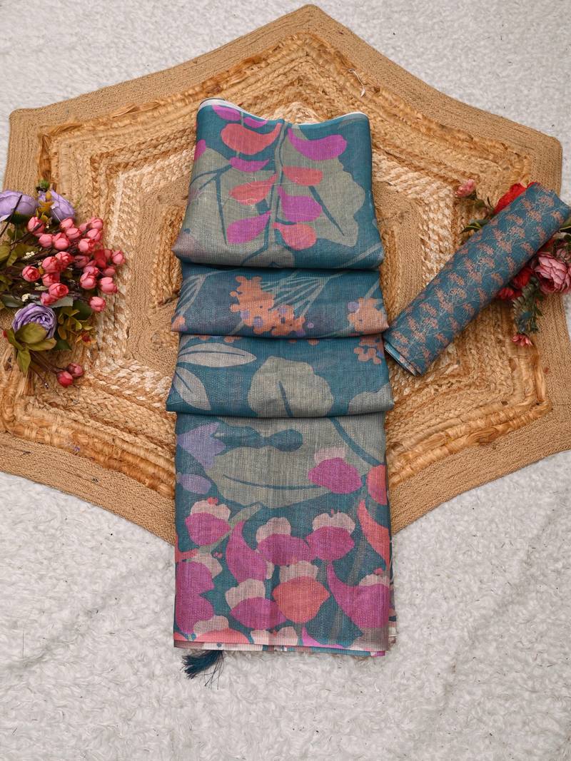 teal shimmer handloom cotton blend saree floral print (t sfshmr38)