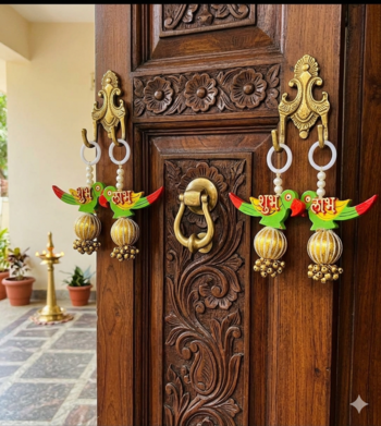 handmade shubh labh parrot hanging decorative home entrance mandir wall hanging traditional decoration (pack of 2) 1