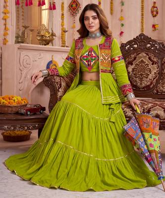 Green Cotton Mirror & Gamthi Work Lehenga Choli Set 3