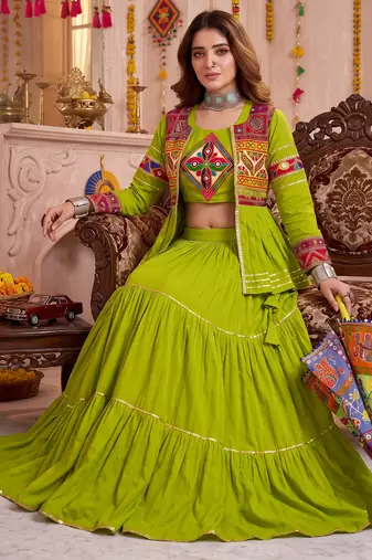 Green Cotton Mirror & Gamthi Work Lehenga Choli Set