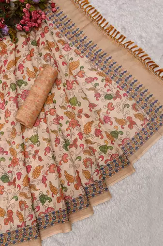 beige pink shimmer handloom cotton blend saree with floral print