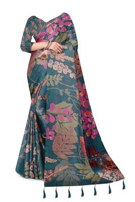 teal shimmer handloom cotton blend saree floral print 2