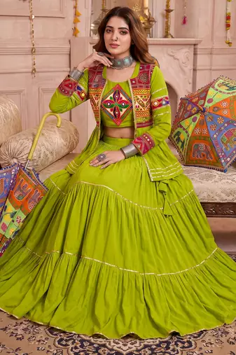 Green Cotton Mirror & Gamthi Work Lehenga Choli Set
