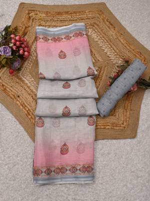 pink white shimmer handloom cotton blend saree floral print 1