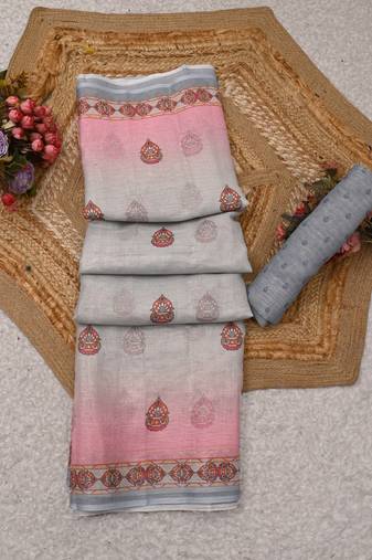 pink white shimmer handloom cotton blend saree floral print