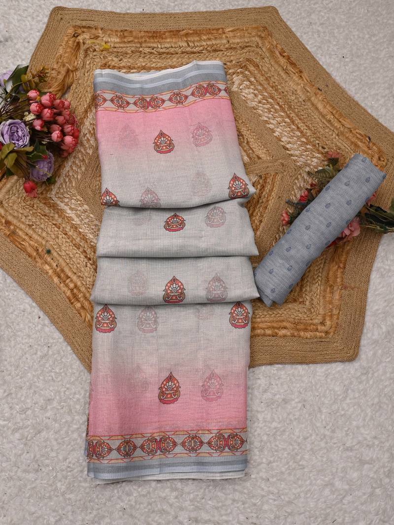 pink white shimmer handloom cotton blend saree floral print (t sfshmr37)