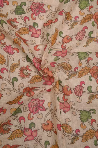 beige pink shimmer handloom cotton blend saree with floral print