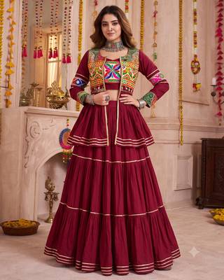 Maroon Cotton Mirror & Gamthi Work Lehenga Choli Set 1