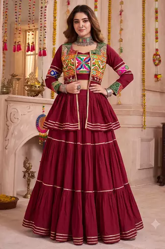 Maroon Cotton Mirror & Gamthi Work Lehenga Choli Set