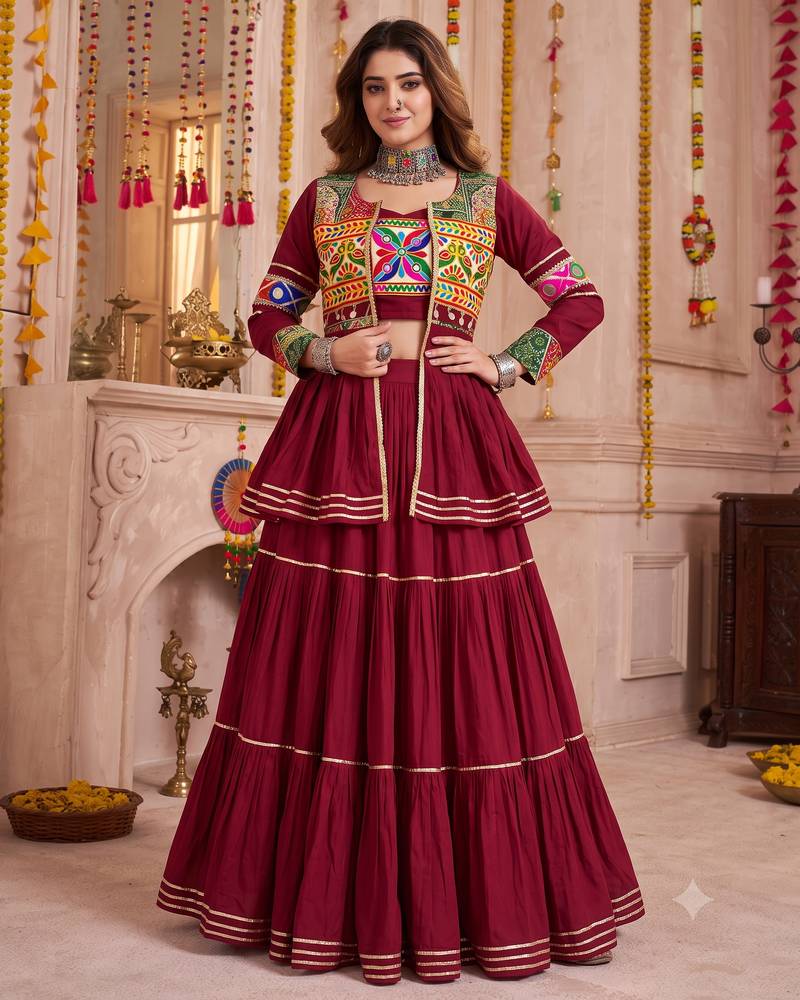 Maroon Cotton Mirror & Gamthi Work Lehenga Choli Set