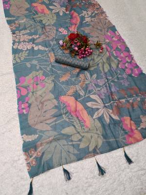 teal shimmer handloom cotton blend saree floral print 3