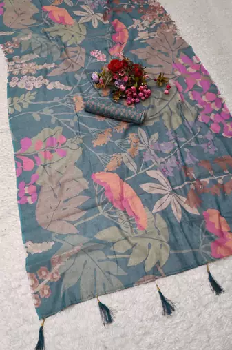 teal shimmer handloom cotton blend saree floral print