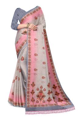 pink white shimmer handloom cotton blend saree floral print 2