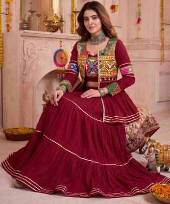 Maroon Cotton Mirror & Gamthi Work Lehenga Choli Set 2