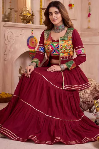 Maroon Cotton Mirror & Gamthi Work Lehenga Choli Set