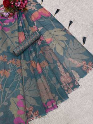 teal shimmer handloom cotton blend saree floral print 4