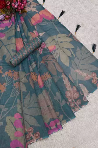 teal shimmer handloom cotton blend saree floral print