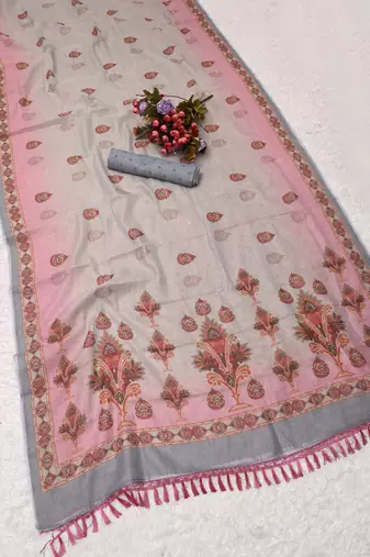 pink white shimmer handloom cotton blend saree floral print