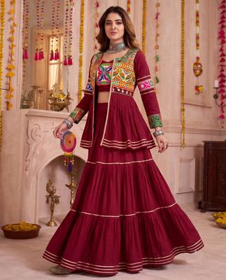 Maroon Cotton Mirror & Gamthi Work Lehenga Choli Set 3