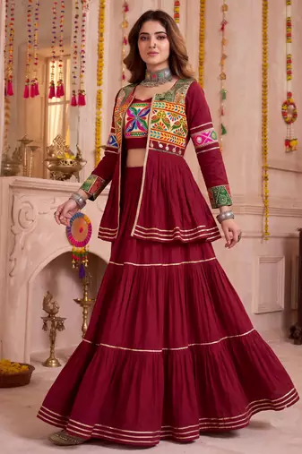 Maroon Cotton Mirror & Gamthi Work Lehenga Choli Set
