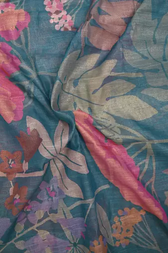teal shimmer handloom cotton blend saree floral print