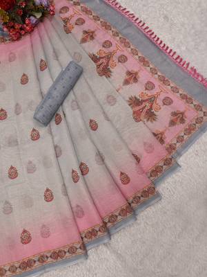 pink white shimmer handloom cotton blend saree floral print 4